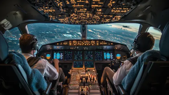 Zwei Piloten sitzen im Cockpit eines Flugsimulators und bereiten sich auf den Flug vor. 