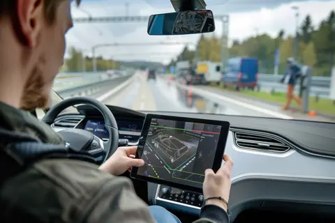 Ingenieur überwacht den Test eines autonomen Fahrzeugs mit Hilfe eines Tablets.