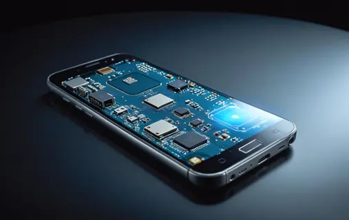 Darstellung eines transparenten Handys zeigt die Technologie, Schaltkreise und Mikroprozessoren im Inneren.